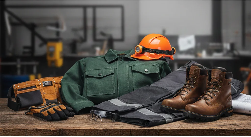 A collection of safety equipment featuring boots, gloves, and a helmet arranged on a surface.