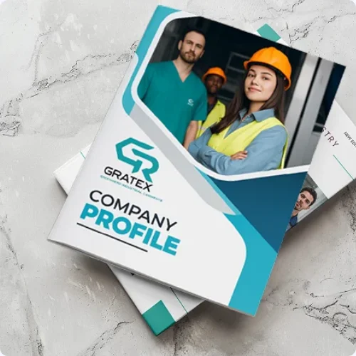 Company profile brochure template featuring sections for logo, mission statement, services, and contact information.