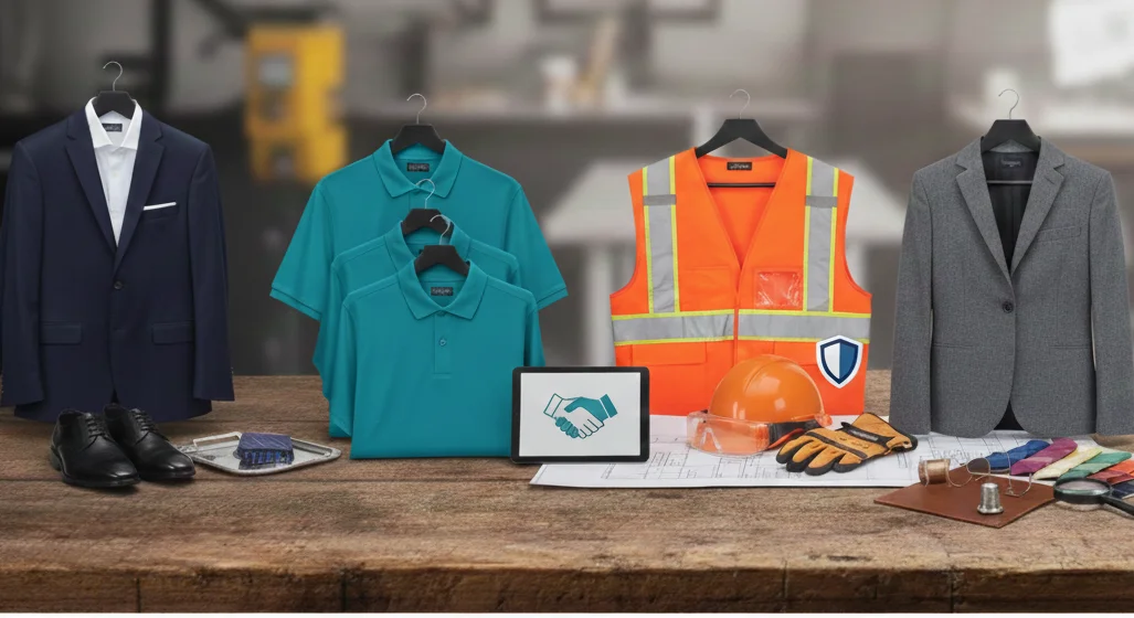 A table displaying various clothing items and safety gear, including helmets, gloves, and protective clothing.