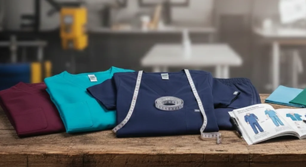 A table displaying various colored scrubs alongside an open book.