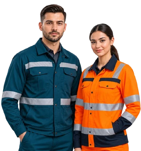 Man and woman wearing professional industrial workwear uniforms, standing side by side on a transparent background.