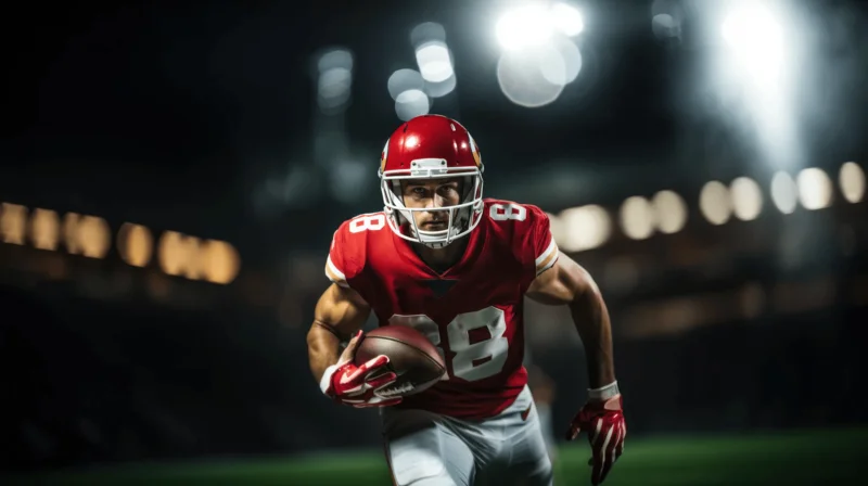 A football player sprinting down the field while carrying the ball, focused on advancing towards the goal.