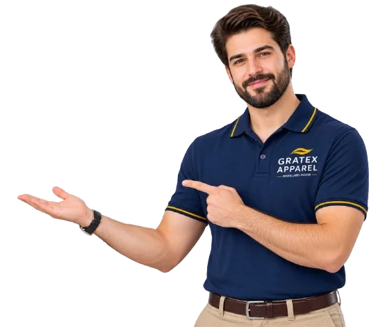 Gratex Apparel representative in a navy polo presenting private label workwear manufacturing services