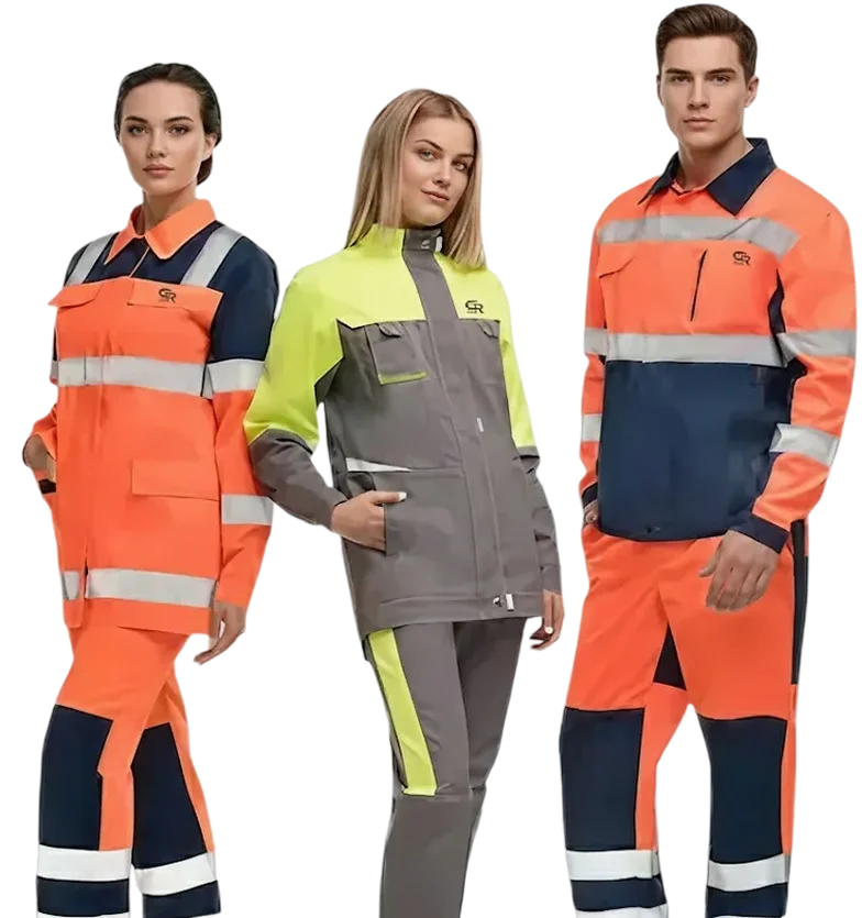 Three individuals, two men and one woman, wearing safety clothing, standing together in a work environment.
